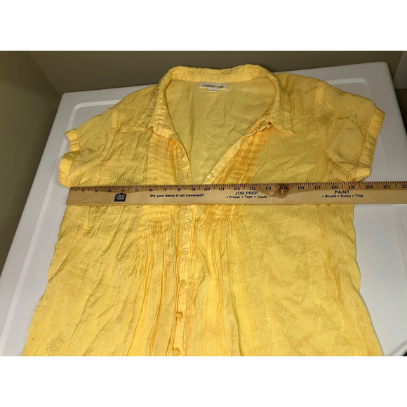 Coldwater Creek Large Women's Blouse Top Yellow Smocked Sheer Lightweight Button - Picture 8 of 12